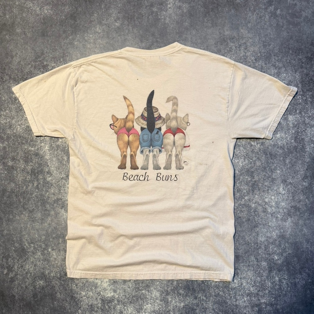 Vintage Beach Bums Buns Hawaii Funny Cat Graphic T-Shirt Tan Medium